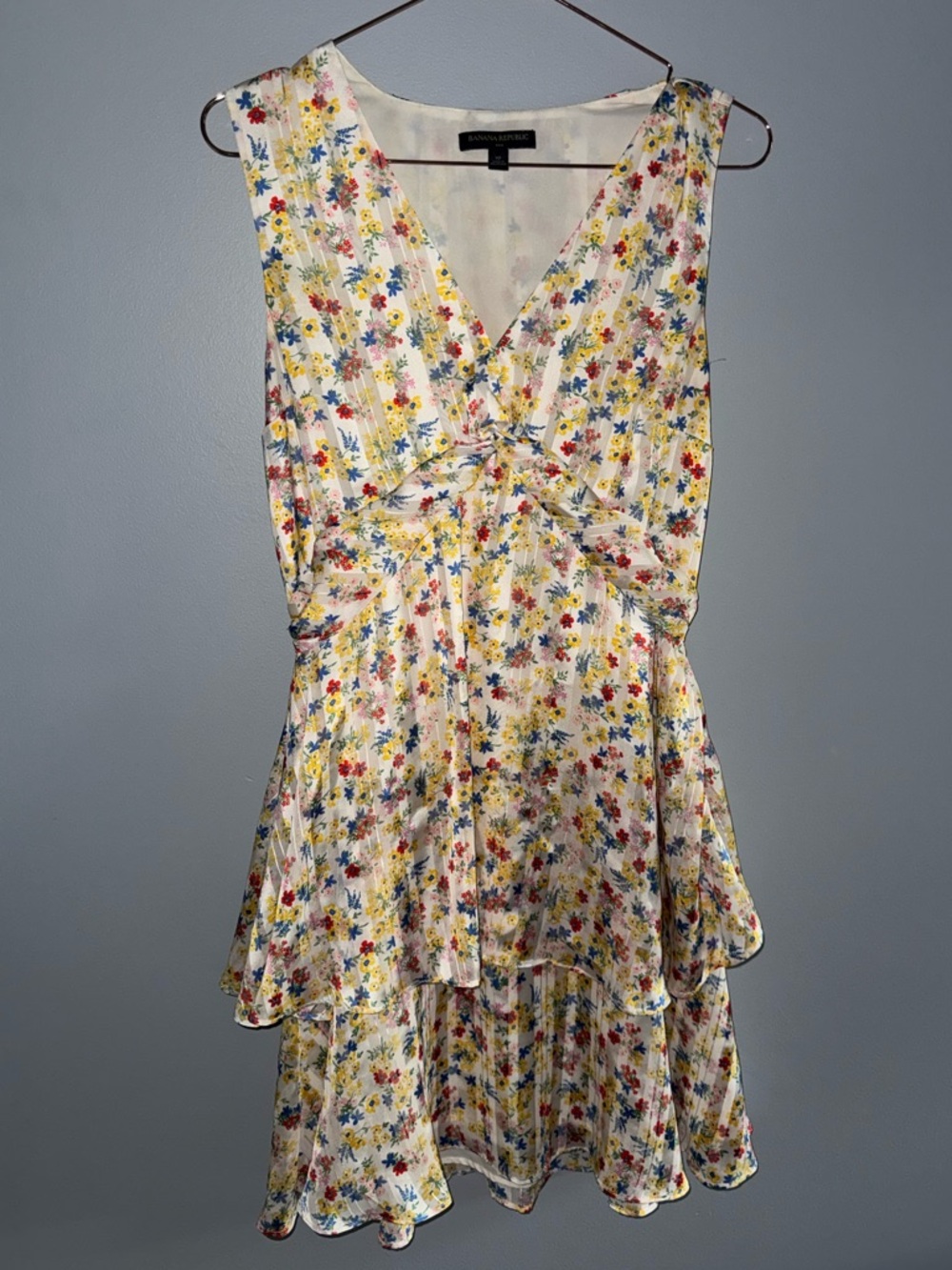 Banana Republic Cream Floral Tie-Front Tiered Mini Dress